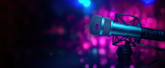 A microphone is photographed against a background of twinkling purple and pink lights - obrazy, fototapety, plakaty