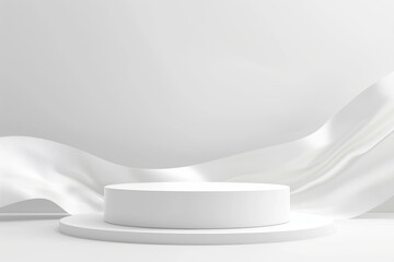 Abstract 3D realistic white empty round podium and white swirling ribbon. 