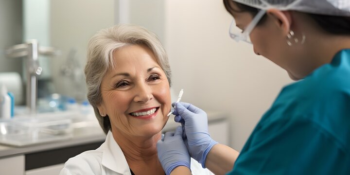 Senior woman smiling during dental checkup. caring dentist in blue scrubs. health and dental care conceptual image. AI