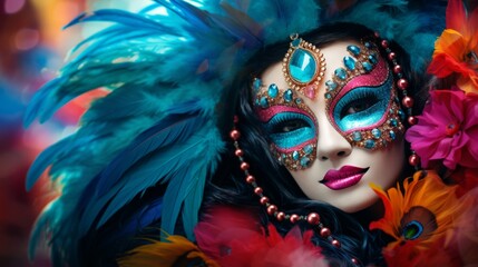 Colorful and exotic carnival mask with bright feathers and sparkling jewels, evoking festive spirit.