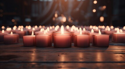 Rows of lit candles casting a warm glow, symbolizing remembrance, solidarity, or a vigil in a dim setting. - obrazy, fototapety, plakaty