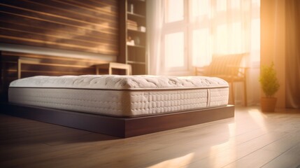 A comfortable, thick mattress in a well-lit, cozy bedroom setting, highlighting comfort and modern interior design.