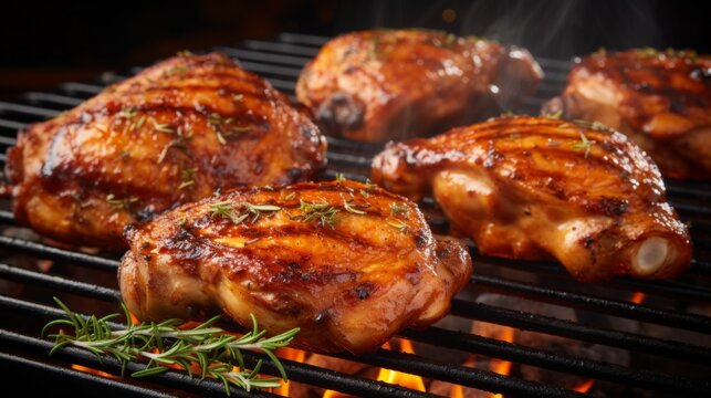 Juicy grilled chicken thighs with herbs on a flaming barbecue grill, capturing the essence of summer grilling.