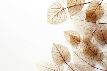 Beautiful decorative skeleton leaves and space for text on white background 