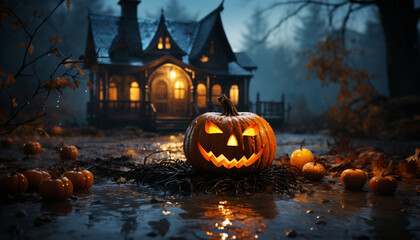 Spooky pumpkin lantern glows in dark autumn night generative AI