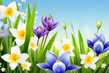 Spring Flower Seamless Border: Watercolor flower illustrations isolated on green grass, used for Easter and Mother's Day cards generative ai