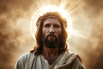 portrait of Jesus, heaven light, nature background, glowing halo light around his head - obrazy, fototapety, plakaty
