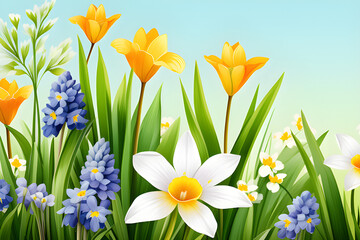 Spring Flower Seamless Border: Watercolor flower illustrations isolated on green grass, used for Easter and Mother's Day cards generative ai