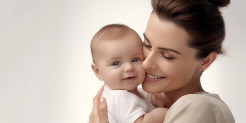 Portrait of a happy young mom with her baby. Isolated on a white background.