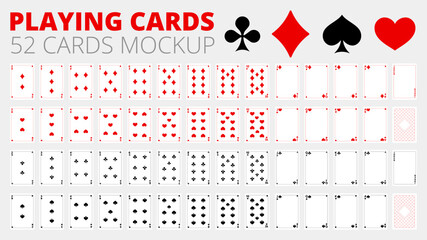 Playing cards mockup. Set of template. Empty blank for your design. Poker kit sample. For game. Vector illustration.