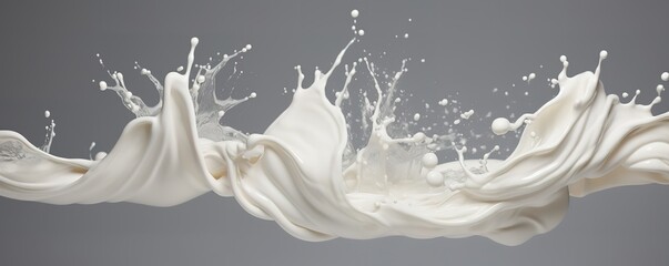 White wavy splashes of milk in the photo on a gray Background. generative AI