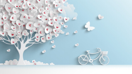 paper cut Valentine's day background with a bike and a tree made out of white hearts