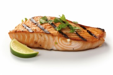 Mahi-Mahi Fish Steak Cut, Pan-Seared and Garnished, on a White Background, Generative AI