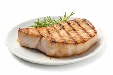 Mahi-Mahi Fish Steak Cut, Pan-Seared and Garnished, on a White Background, Generative AI