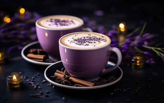 A glass of milk coffee in a purple cup with creamer on top. generative AI