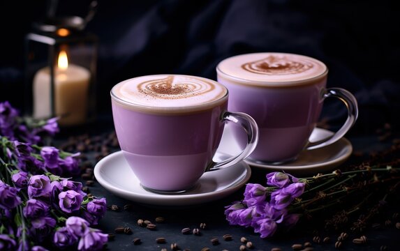 A glass of milk coffee in a purple cup with creamer on top. generative AI