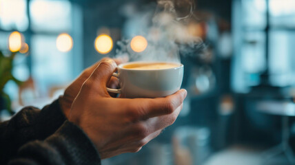 Close-up of  hands holding a steaming espresso cup focused on the cup with a blurred background of a rustic cafe