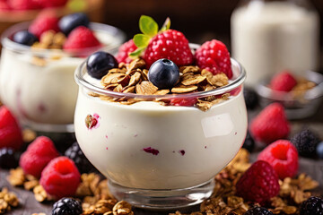 Start your day right with a healthy breakfast. yogurt topped with granola and fresh berries. A delicious and nutritious morning delight. 
