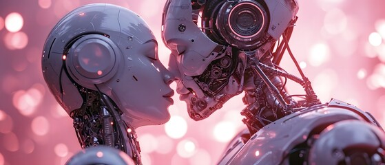 Two female robots kissing each other on white background.