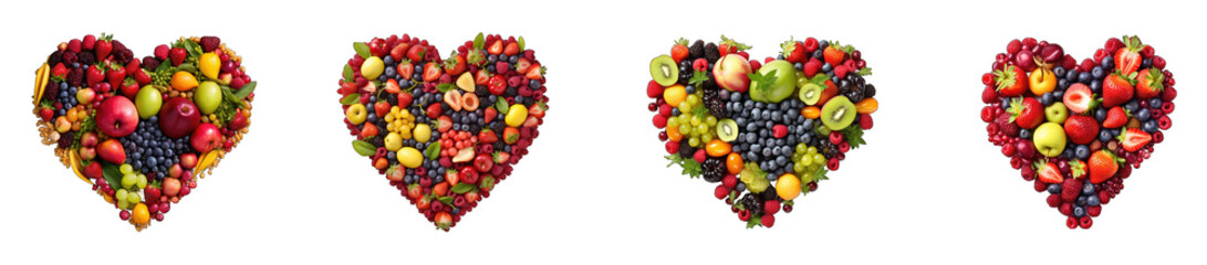 Naklejka na ściany i meble delicious berries. strawberries, blueberries and raspberries and other fruits in heart shape in png