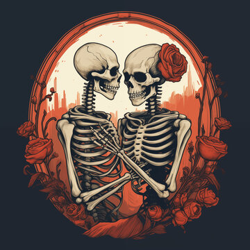 two skeletons in love hugging each other, Valentine's Day postcard, Valentine's Day card, generative AI