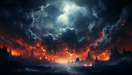 Spooky night sky, dark clouds, nature mystery, horror landscape generated by AI