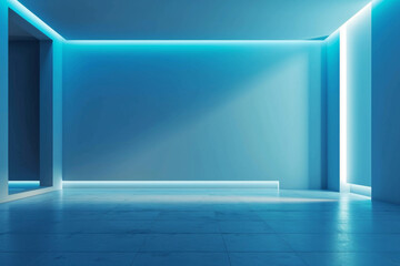 Universal minimalistic blue background for presentation. A light blue wall in the interior with beautiful built-in lighting and a smooth floor. 