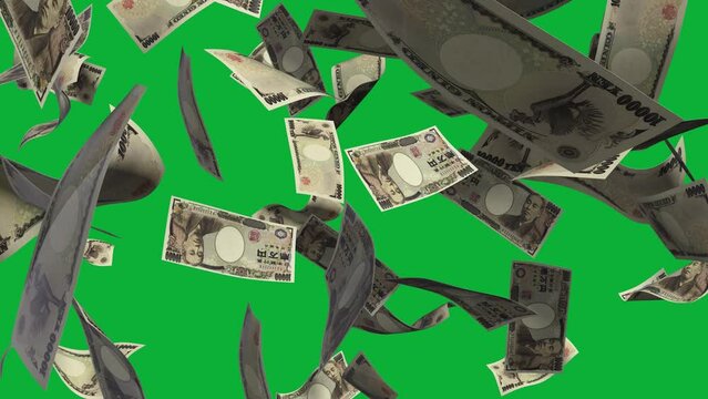 3D animation of Japanese Yen notes Falling On green screen. Remove the background by keying or subtracting with the black and white matte to replace with a custom one
