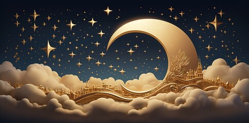 Obraz na płótnie Canvas a golden crescent moon above a sea of ​​clouds decorated with beautiful stars. generative Ai