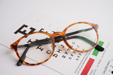  Glasses on eye exam chart to test eyesight accuracy of reading.