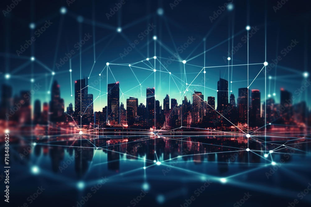 Poster light trial effect way with dark neon building technology background. cyberpunk concept. 3d illustra