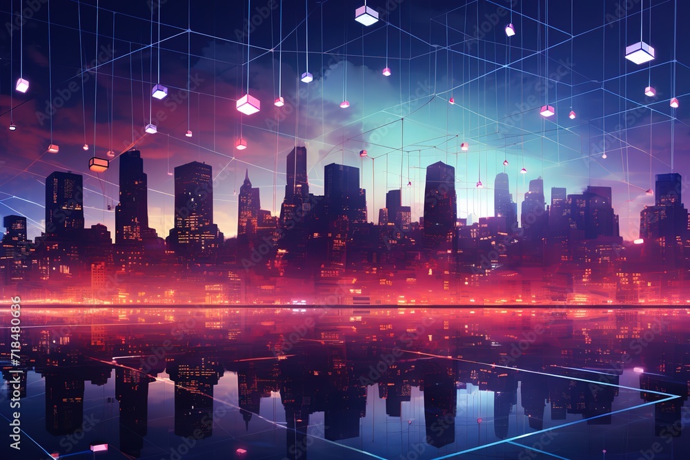 Poster light trial effect way with dark neon building technology background. cyberpunk concept. 3d illustra