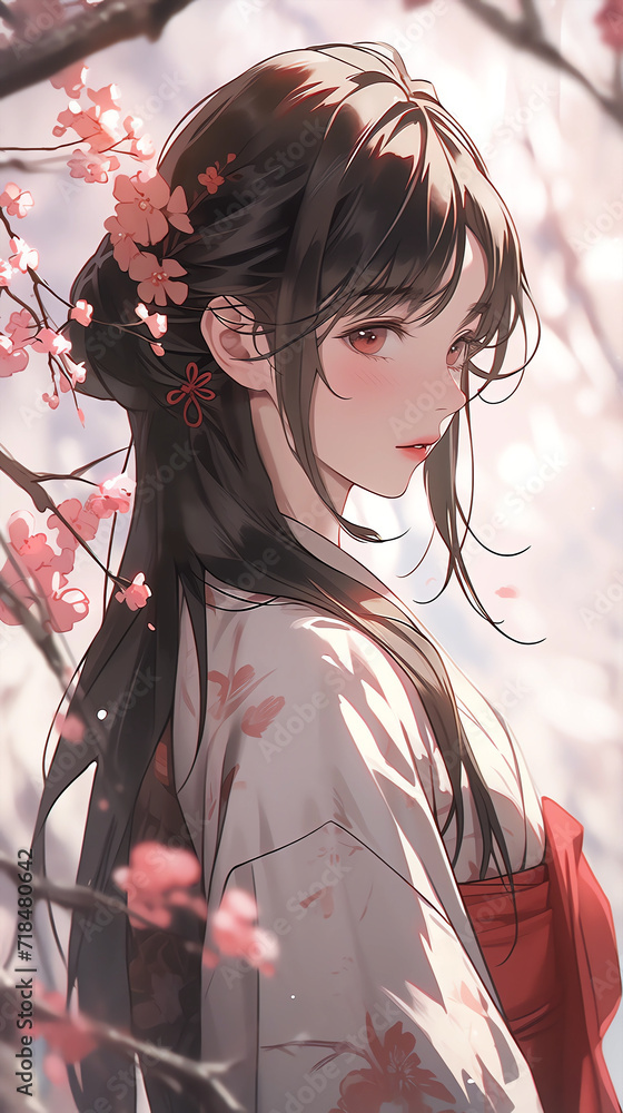 Wall mural Hand-drawn anime beautiful illustration of a beautiful girl under the cherry blossom tree in spring
 - Wall murals