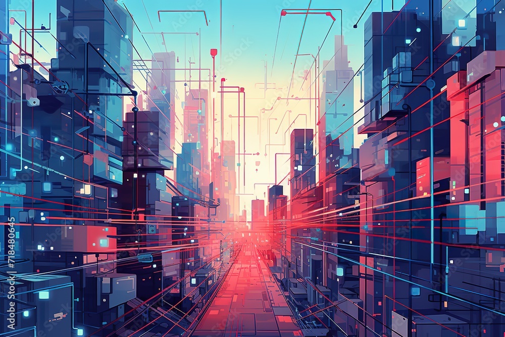 Poster light trial effect way with dark neon building technology background. cyberpunk concept. 3d illustra