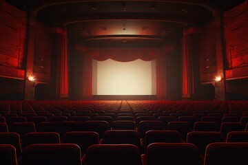 Fototapeta premium Front view on empty scene with red curtains, rows of seats and lights on top. 3D rendering Generative AI