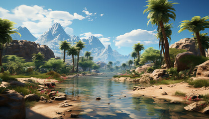 Idyllic tropical rainforest, mountain peak, tranquil meadow, reflecting pond generated by AI