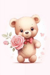 cute little teddy bear holding a pink rose for valentine's day postcard, valentine's day card, generative AI