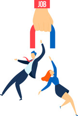 Man and woman attracted by giant magnet labeled 'JOB'. Applicants reaching for employment opportunity. Career pursuit and job market competition vector illustration.