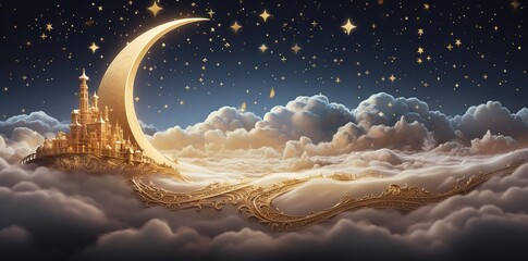 Obraz na płótnie Canvas The moon shines brightly at night above the sea of ​​beautiful golden-yellow clouds. generative AI
