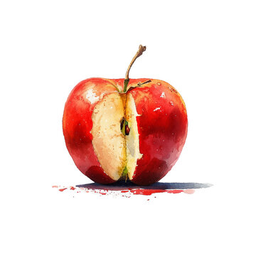 illustration of a split apple that has a stem and colored with watercolors