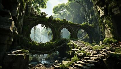 Ancient ruins blend with nature, creating a tranquil, mysterious landscape generated by AI