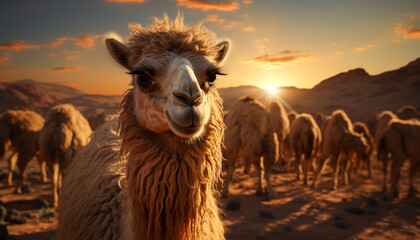 Alpaca grazing on grass, mountain landscape, sunset, cute animal generated by AI