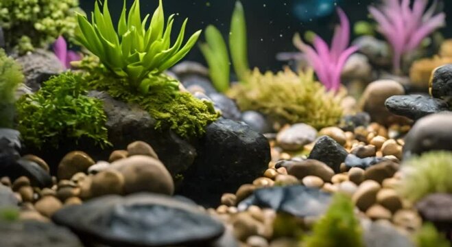 decorative plants and stones in a colorful aquarium design