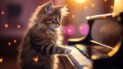 Adorable long-haired cat touching piano keys with a magical heart-shaped bokeh background.