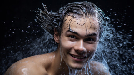 Dynamic close-up of a smiling young man with water droplets splashing around his playful hair flick.