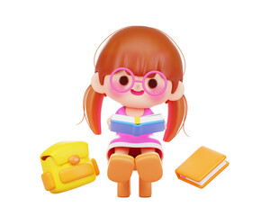 Cute girl or kid reading a book cartoon 3d illustration character