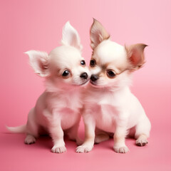 two cute lovers hug chihuahua puppies on pink background for valentine's day postcard,  valentine's day card, generative AI