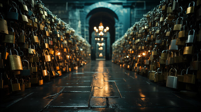 A dimly lit corridor adorned with countless love padlocks, creates a romantic and mysterious atmosphere.

