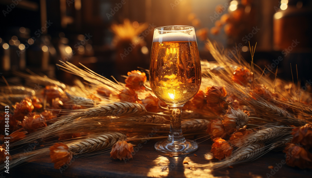 Aufkleber a rustic bar table with frothy beer glasses and wine generative ai