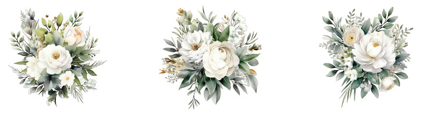Set of bouquet of flowers with green leaves and white flowers